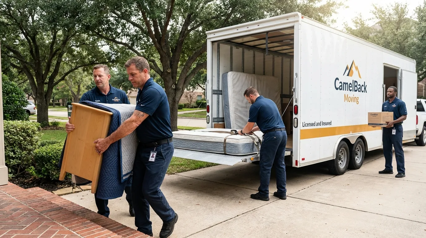 Crew loading residential truck for cross-state move from Sandstone, MN