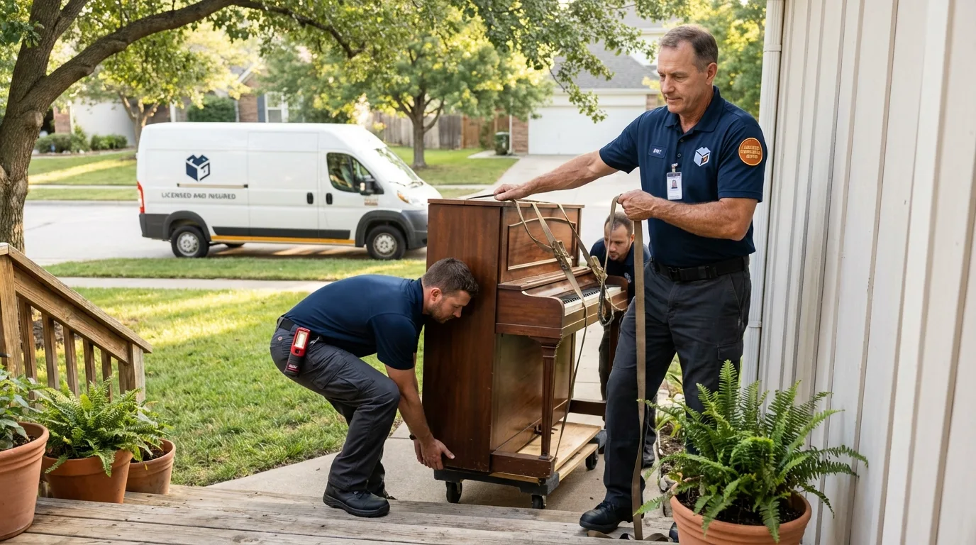 Licensed piano movers securing grand piano in Sandstone, MN