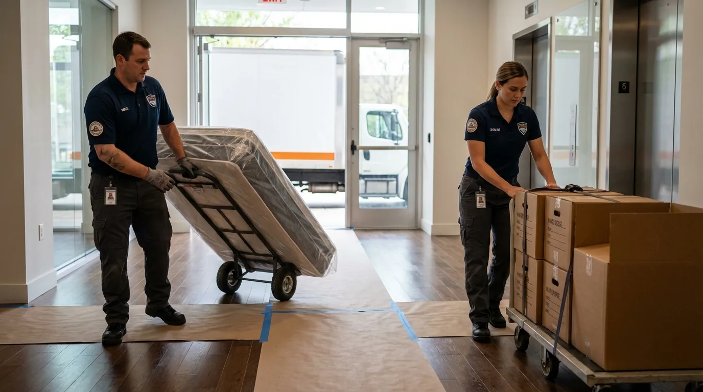 Professional apartment movers loading elevator in Sandstone, MN